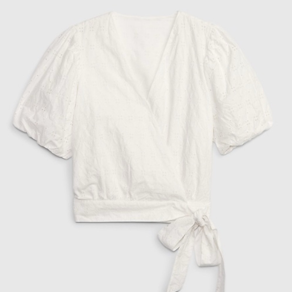 GAP White Eyelet Puff Sleeve Wrap Blouse - Size XLarge